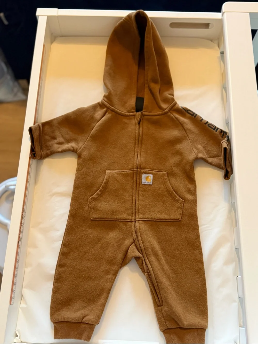 Carhartt Brown Hooded One-Piece Zip Coverall - 3 months
